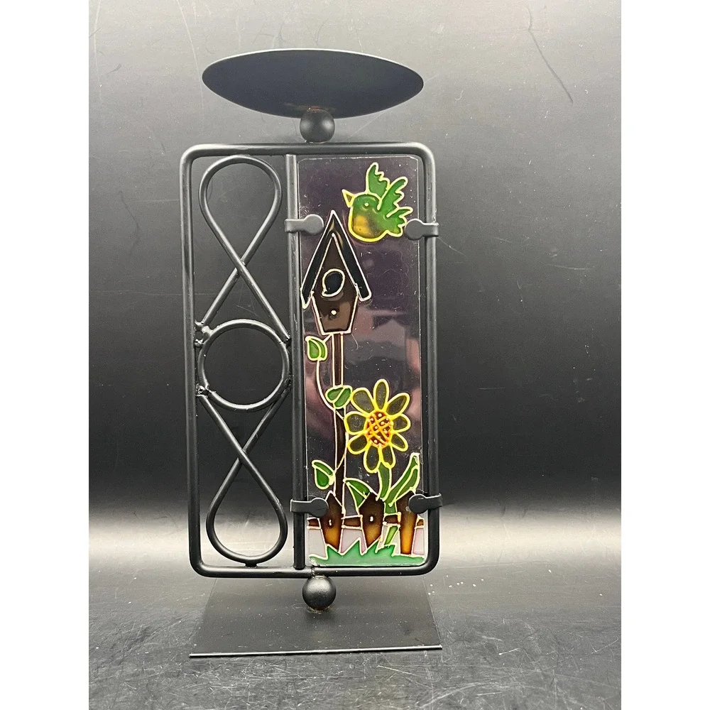 Black Metal Pillar Candle Holder With Stained Glass Birdhouse Floral-7.5